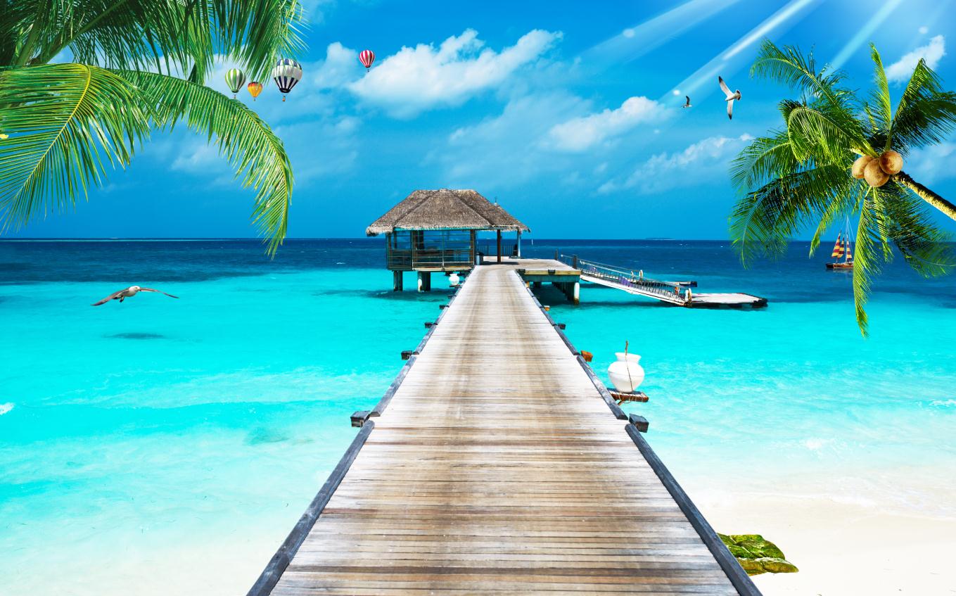 现代3d立体海边风景海滩风景椰树蓝天白云天空背景墙