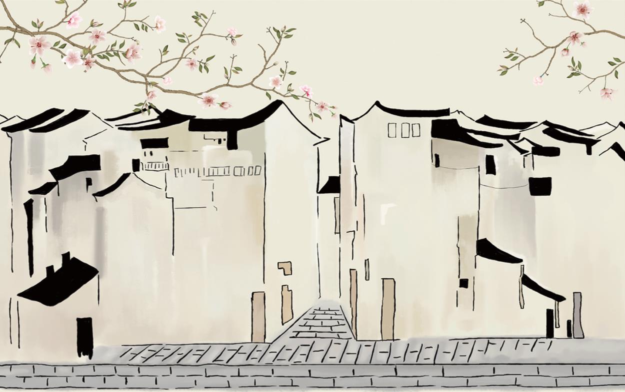 新中式花枝徽派建筑