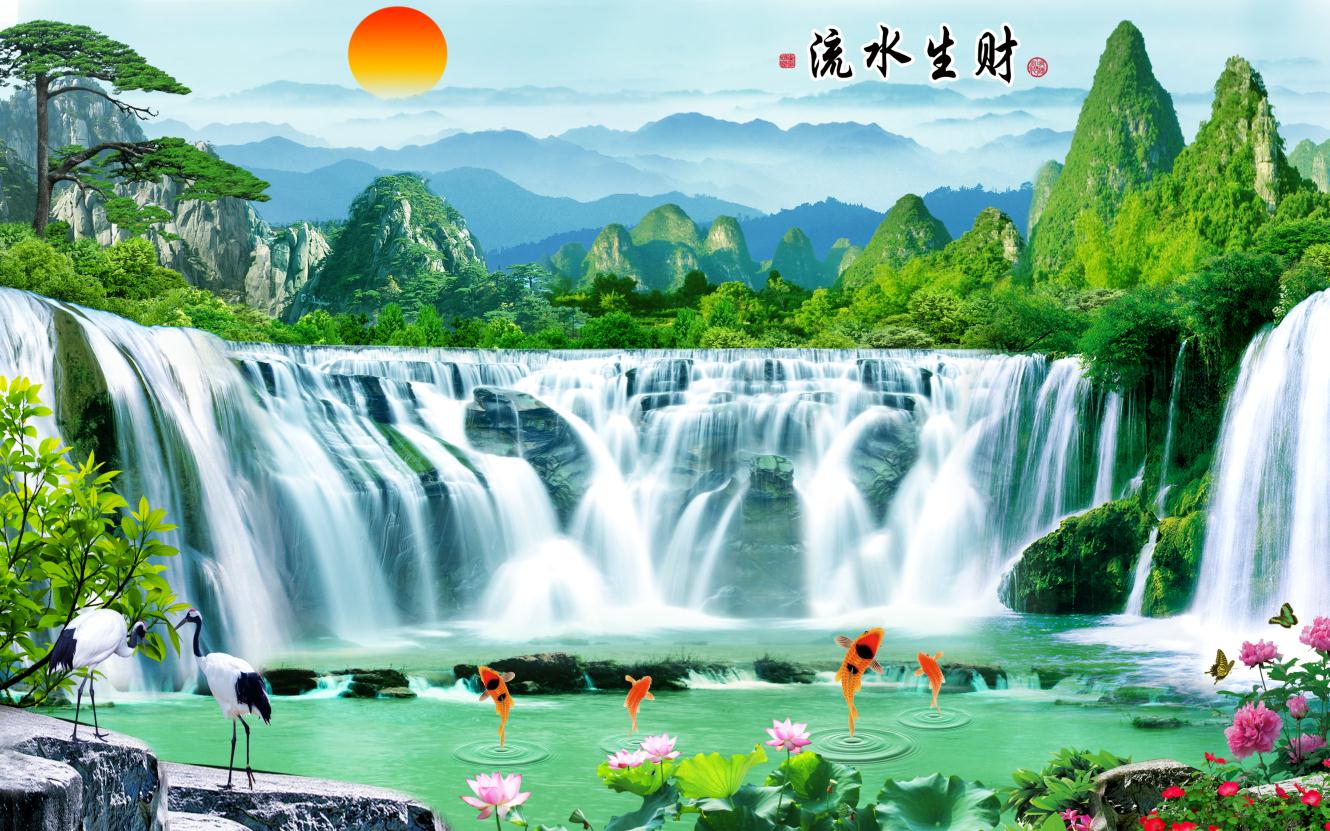 新中式国画山水绿头山财生水流背景墙