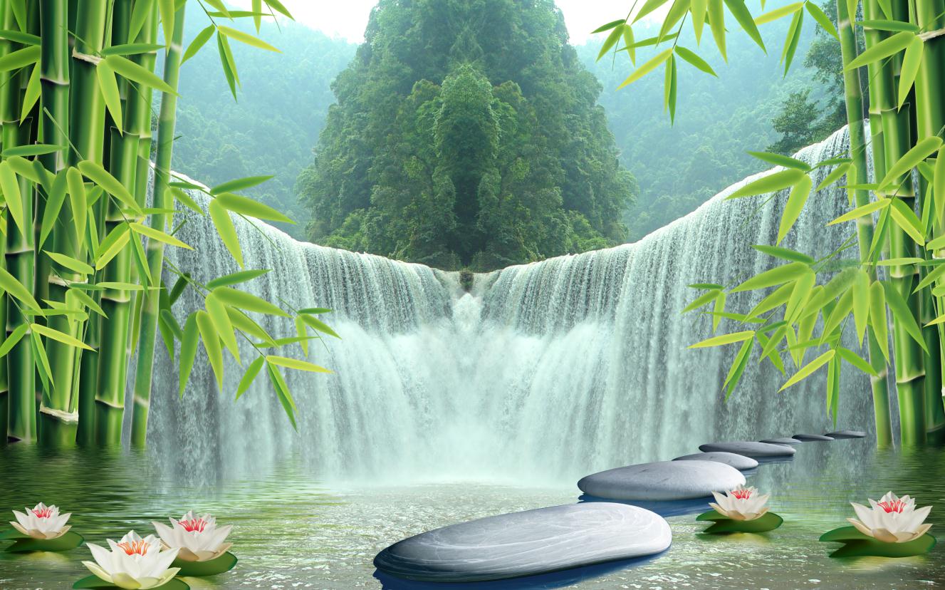 现代新中式竹子瀑布石头国画山水青山绿水背景墙