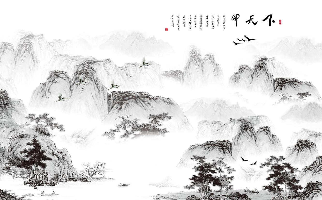 现代中式国画山水山水情黑白山水背景墙